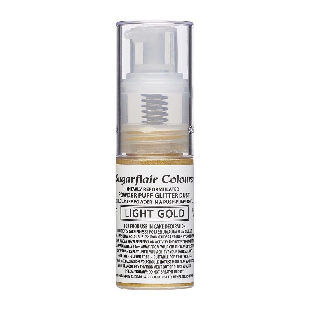 Sugarflair Powder Puff Glitter Dust Pump Spray -LIGHT GOLD 10g - Βρώσιμο Γκλίτερ σε σπρέι Ανοιχτό Χρυσό