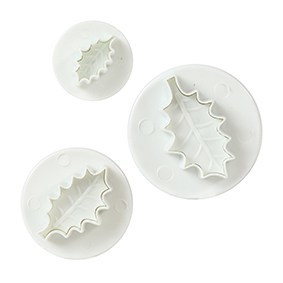 Cake Star Plunger Cutters -VEINED SINGLE HOLLY LEAVES - Σετ 3 τεμ κουπ πατ με Εκβολέα "Ανάγλυφο Φύλλο Γκι"