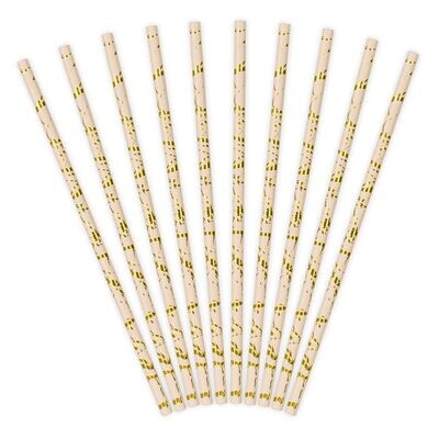 PartyDeco Paper Straws -POWDER PINK  10 τμχ - Χάρτινα καλαμάκια/στικς Ροζ της πούδρας με χρυσά σχέδια