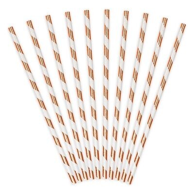 PartyDeco Paper Straws -ROSE GOLD 10 τμχ - Χάρτινα καλαμάκια/στικς Λευκά με ροζ χρυσές ρίγες