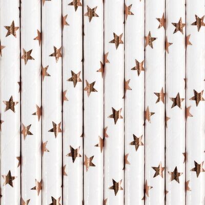 PartyDeco Paper Straws -ROSE GOLD STARS  10 τμχ - Χάρτινα καλαμάκια/στικς Λευκά με ροζ χρυσά αστέρια