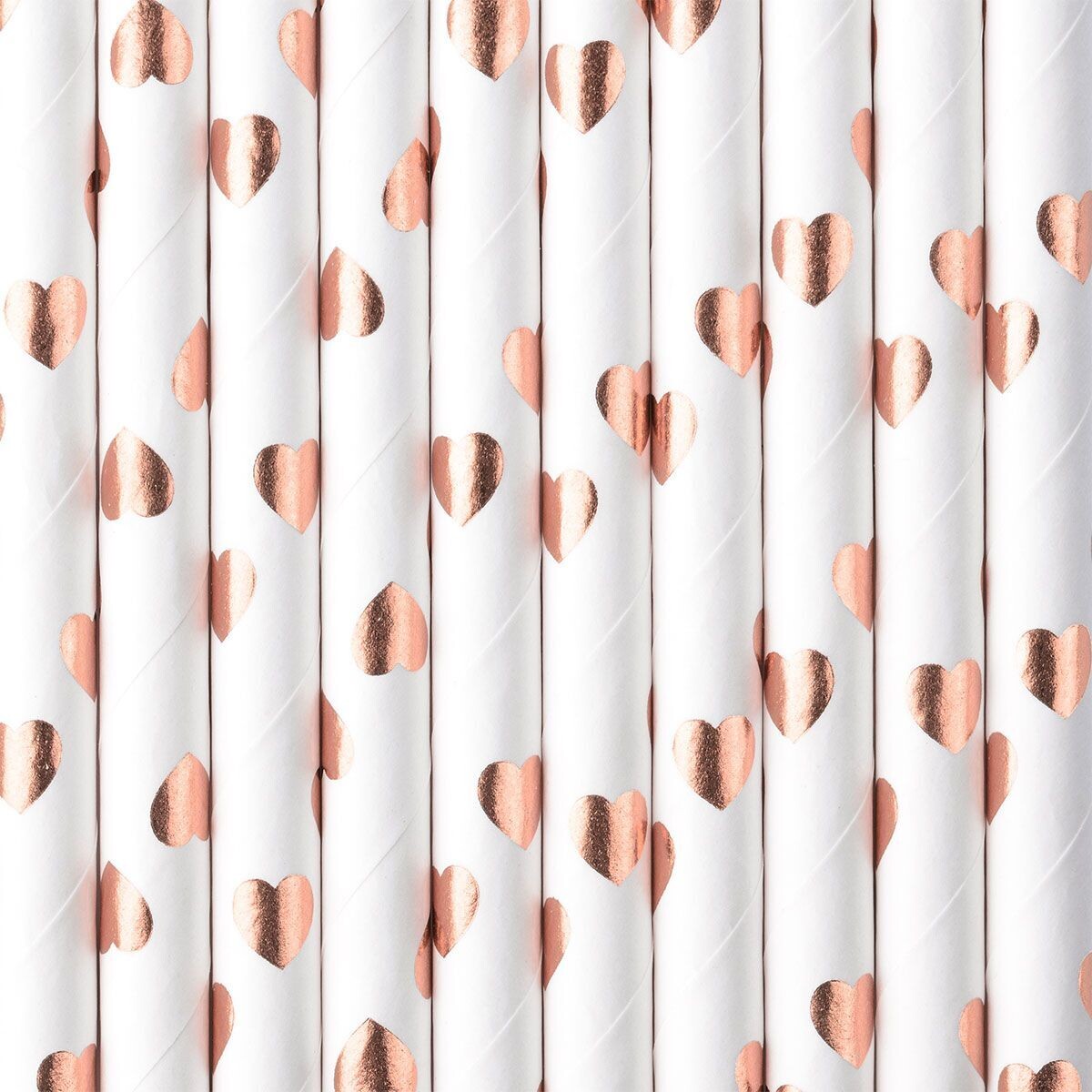 PartyDeco Paper Straws -ROSE GOLD HEARTS 10 τμχ - Χάρτινα καλαμάκια/στικς Λευκά με ροζ χρυσές καρδιές