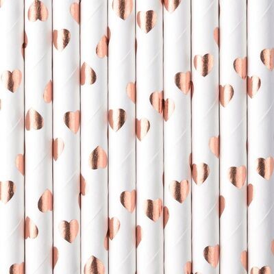 PartyDeco Paper Straws -ROSE GOLD HEARTS 10 τμχ - Χάρτινα καλαμάκια/στικς Λευκά με ροζ χρυσές καρδιές