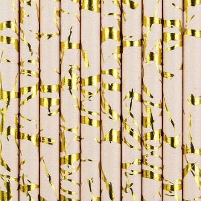 PartyDeco Paper Straws -POWDER PINK  10 τμχ - Χάρτινα καλαμάκια/στικς Ροζ της πούδρας με χρυσά σχέδια