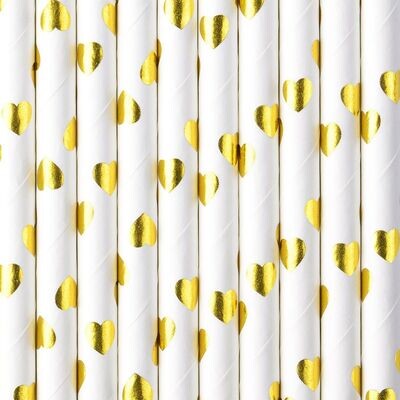 PartyDeco Paper Straws -GOLD HEARTS 10 τμχ - Χάρτινα καλαμάκια/στικς Λευκά με χρυσές καρδιές