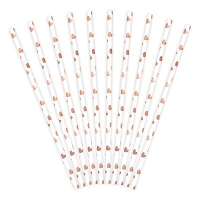 PartyDeco Paper Straws -ROSE GOLD HEARTS 10 τμχ - Χάρτινα καλαμάκια/στικς Λευκά με ροζ χρυσές καρδιές