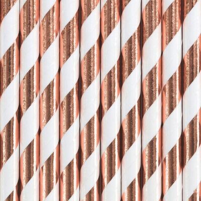 PartyDeco Paper Straws -ROSE GOLD 10 τμχ - Χάρτινα καλαμάκια/στικς Λευκά με ροζ χρυσές ρίγες