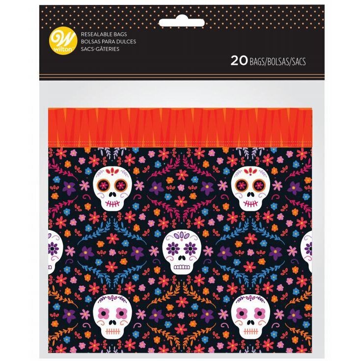 Wilton Halloween Treat Bags DAY OF  THE DEAD 20τεμ - Σακουλάκια για γλυκά επανασφραγιζόμενα Halloween με Νεκροκεφαλές/Κρανία