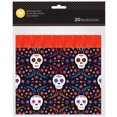 Wilton Halloween Treat Bags DAY OF  THE DEAD 20τεμ - Σακουλάκια για γλυκά επανασφραγιζόμενα Halloween με Νεκροκεφαλές/Κρανία