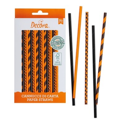 DECORA Eco Paper Straws -ORANGE &amp; BLACK 80 τμχ - Χάρτινα καλαμάκια/Στικς σε πορτοκαλί και μαύρο