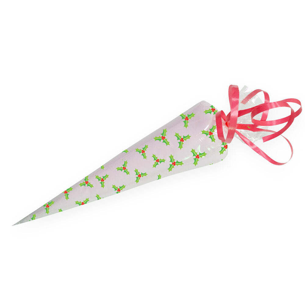 By AH Cello Cone Treat Bags with Twist Ties -HOLLY 20τμχ  Διάφανα Σακουλάκια με φύλλα γκι σε Σχήμα Κώνου με συρματάκια