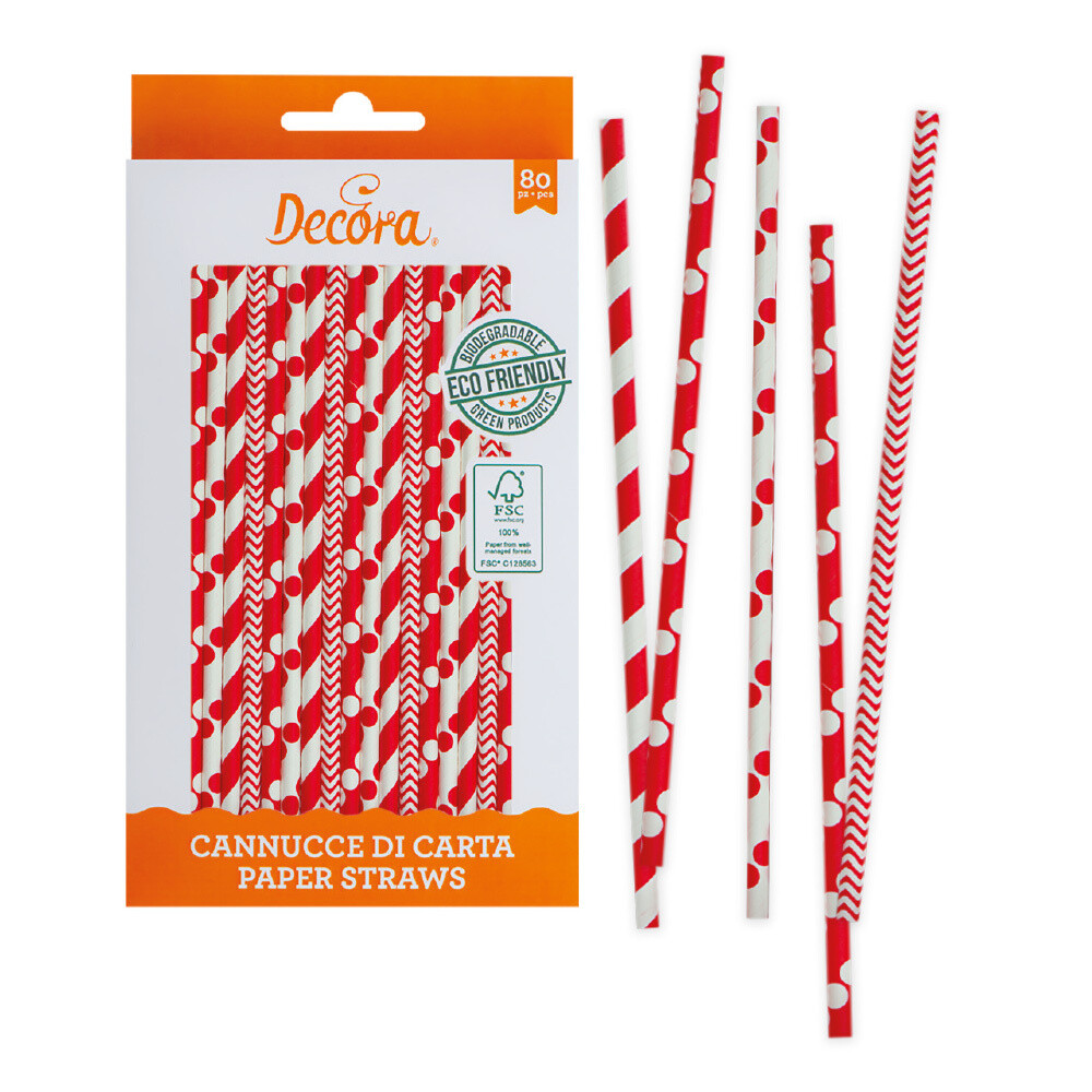 DECORA Eco Paper Straws -RED &amp; WHITE 80 τμχ - Χάρτινα καλαμάκια/Στικς σε Λευκό και Κόκκινο