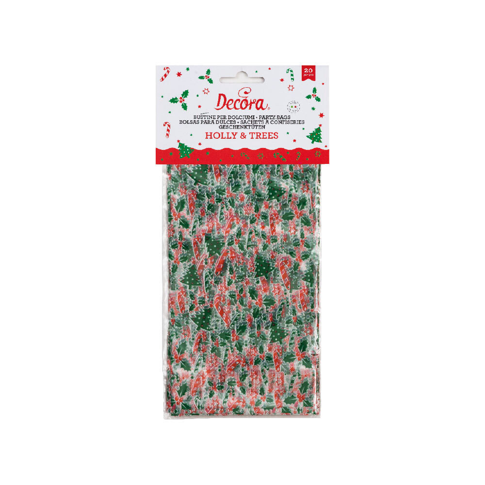 SALE!!! DECORA Treat Bags with flat bottom -HOLLY, TREES &amp; CANDY CANES 20τμχ - Σακουλάκια για γλυκά με Χριστουγεννιάτικα Δέντρα ∞∞∞