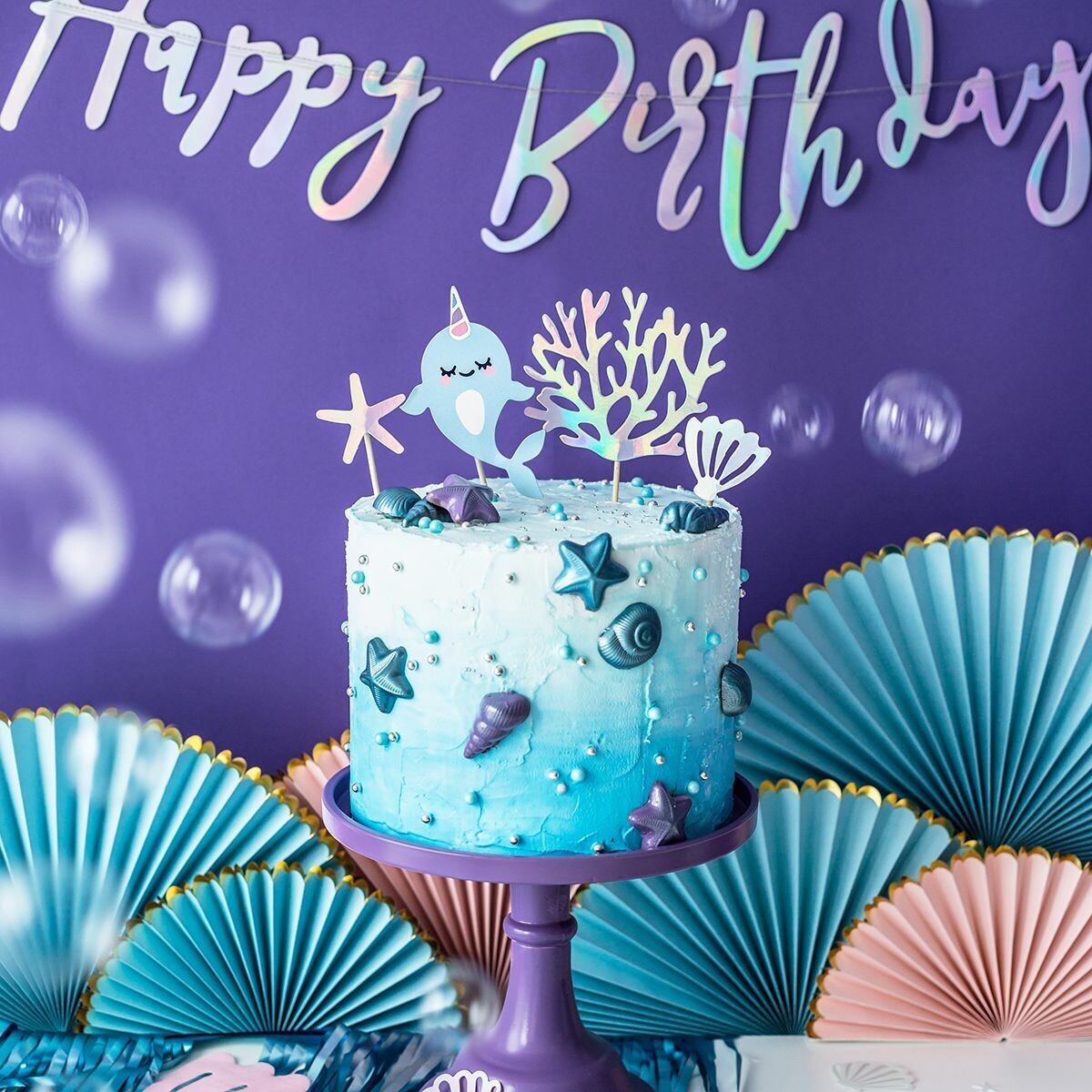 PartyDeco Cake Topper -NARWHAL -Σετ 4τεμ Τόπερ Φάλαινα Μονόκερος