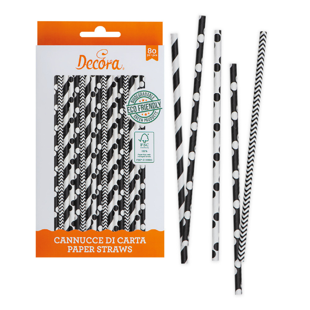 DECORA Eco Paper Straws -BLACK &amp; WHITE 80 τμχ - Χάρτινα καλαμάκια/Στικς σε Λευκό και Μαύρο