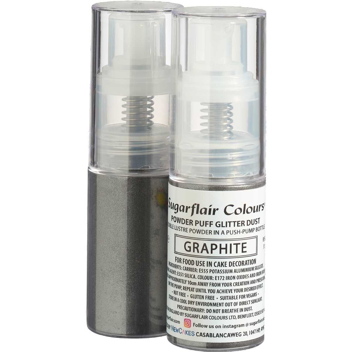 Sugarflair Powder Puff Glitter Dust Pump Spray -GRAPHITE 10g - Βρώσιμο Γκλίτερ σε σπρέι - Γραφίτης/Ασημί