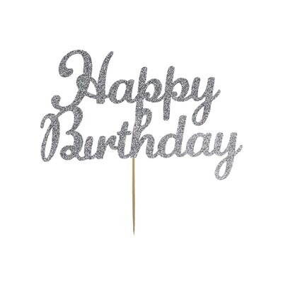 Kelsi Marsh Topper SILVER &#39;Happy Birthday&#39; - Τόπερ Τούρτας Ασημί Γκλίτερ