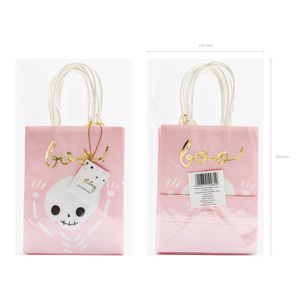 PartyDeco Halloween Treat Bags -BOO (Cute Skeleton) -6τεμ Χάρτινα Ροζ  σακουλάκια  για γλυκά &amp; ζαχαρωτά Χαριτωμένος Σκελετός