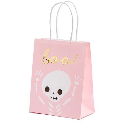 PartyDeco Halloween Treat Bags -BOO (Cute Skeleton) -6τεμ Χάρτινα Ροζ  σακουλάκια  για γλυκά &amp; ζαχαρωτά Χαριτωμένος Σκελετός