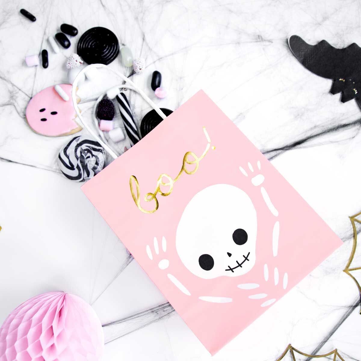 PartyDeco Halloween Treat Bags -BOO (Cute Skeleton) -6τεμ Χάρτινα Ροζ  σακουλάκια  για γλυκά &amp; ζαχαρωτά Χαριτωμένος Σκελετός