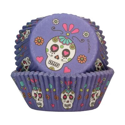 FunCakes Cupcake Cases -DAY of  the DEAD -Halloween - Θήκες Ψησίματος Μωβ με νεκροκεφαλές -48 τεμ