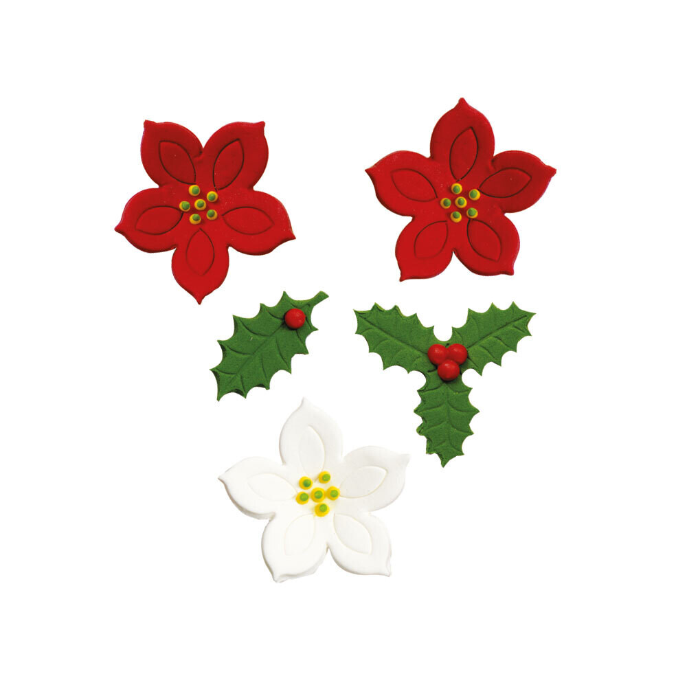 DECORA Sugar Decorations POINSETTIA &amp; HOLLY 7 τεμ -  Βρώσιμα Χριστουγεννιάτικα Διακοσμητικά Ζαχαρωτά Αλεξανδρινά και Φύλλα Γκι