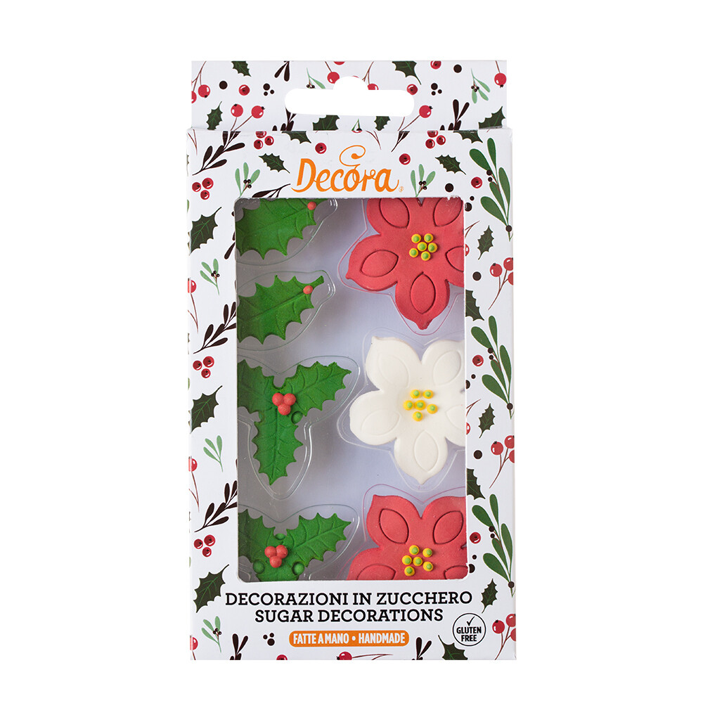 DECORA Sugar Decorations POINSETTIA &amp; HOLLY 7 τεμ -  Βρώσιμα Χριστουγεννιάτικα Διακοσμητικά Ζαχαρωτά Αλεξανδρινά και Φύλλα Γκι