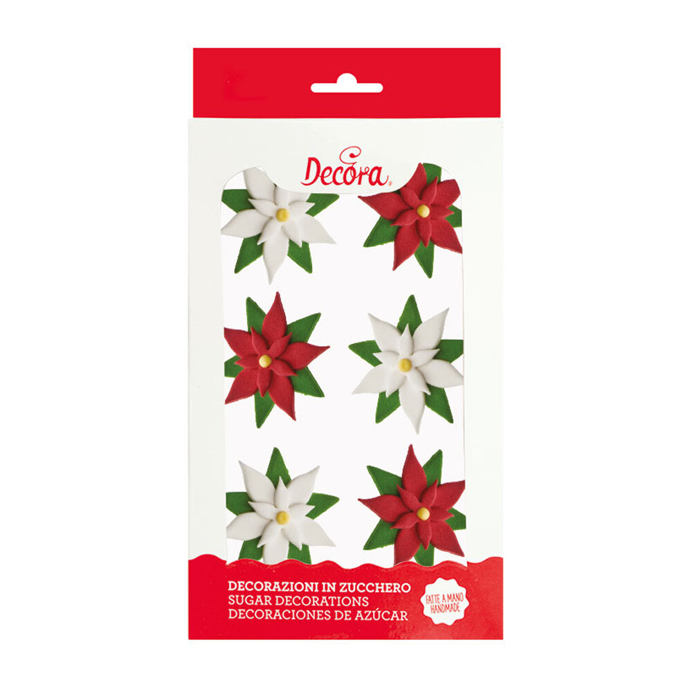 DECORA Sugar Decorations RED &amp; WHITE POINSETTIAS 6 τεμ - Βρώσιμα Χριστουγεννιάτικα Διακοσμητικά Ζαχαρωτά Κόκκινα και Λευκά Αλεξανδρινά