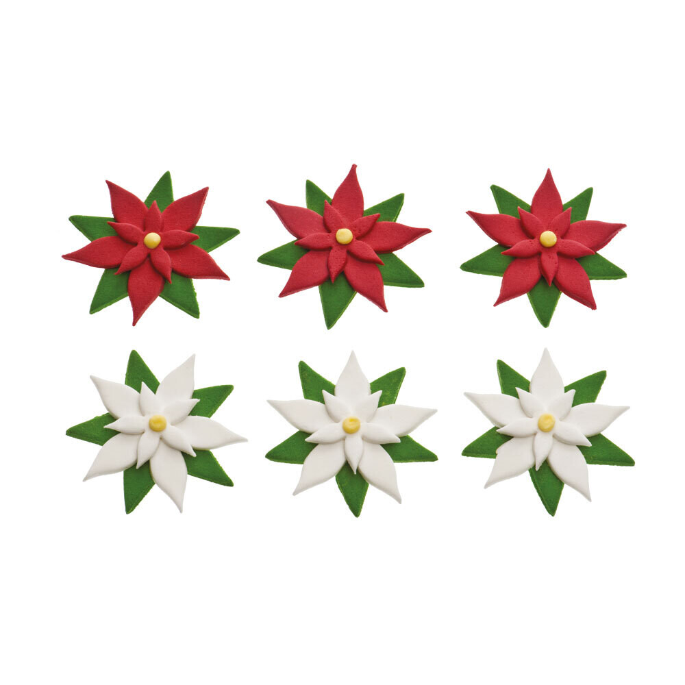 DECORA Sugar Decorations RED &amp; WHITE POINSETTIAS 6 τεμ - Βρώσιμα Χριστουγεννιάτικα Διακοσμητικά Ζαχαρωτά Κόκκινα και Λευκά Αλεξανδρινά