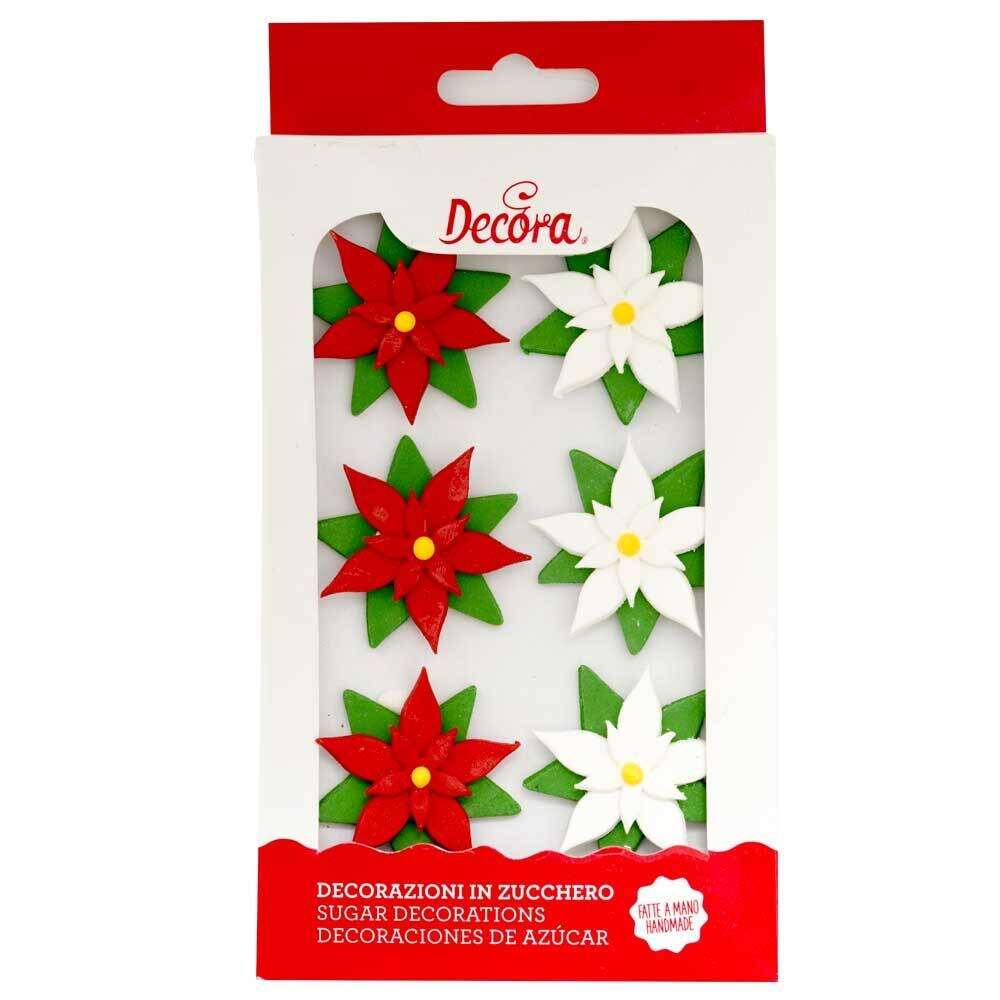 DECORA Sugar Decorations RED &amp; WHITE POINSETTIAS 6 τεμ - Βρώσιμα Χριστουγεννιάτικα Διακοσμητικά Ζαχαρωτά Κόκκινα και Λευκά Αλεξανδρινά