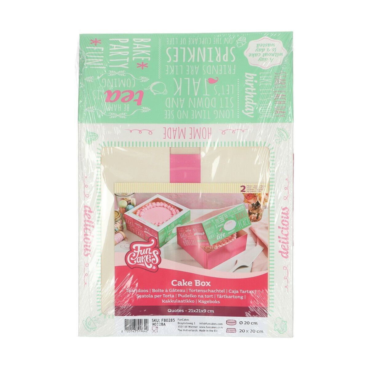 SALE!!! 2 τεμ. FunCakes Cake Box -QUOTES -21x21x9εκ. - Σετ 2τεμ κουτί με παράθυρο φούξια με σχέδιο