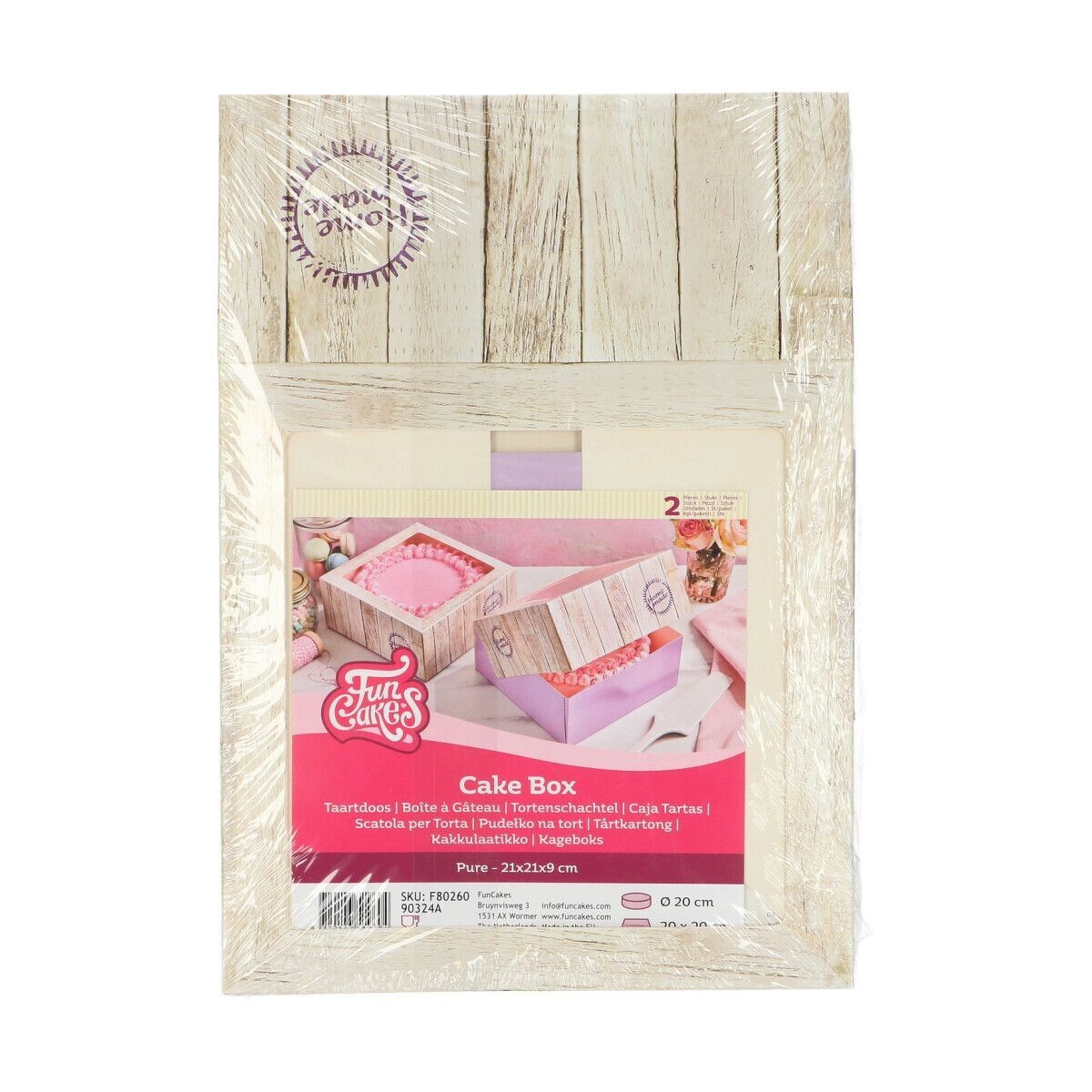 2 τεμ. FunCakes Cake Box -PURE - 21x21x9εκ. -  Σετ 2τεμ κουτί με παράθυρο μωβ με σχέδιο