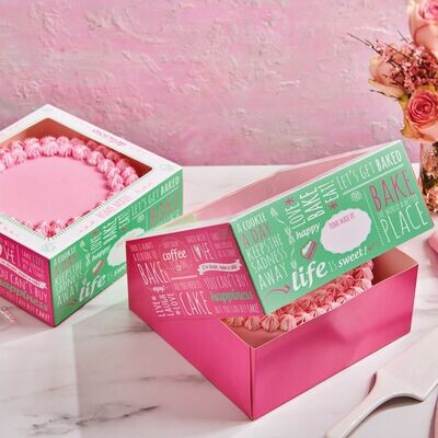 SALE!!! 2 τεμ. FunCakes Cake Box -QUOTES -21x21x9εκ. - Σετ 2τεμ κουτί με παράθυρο φούξια με σχέδιο