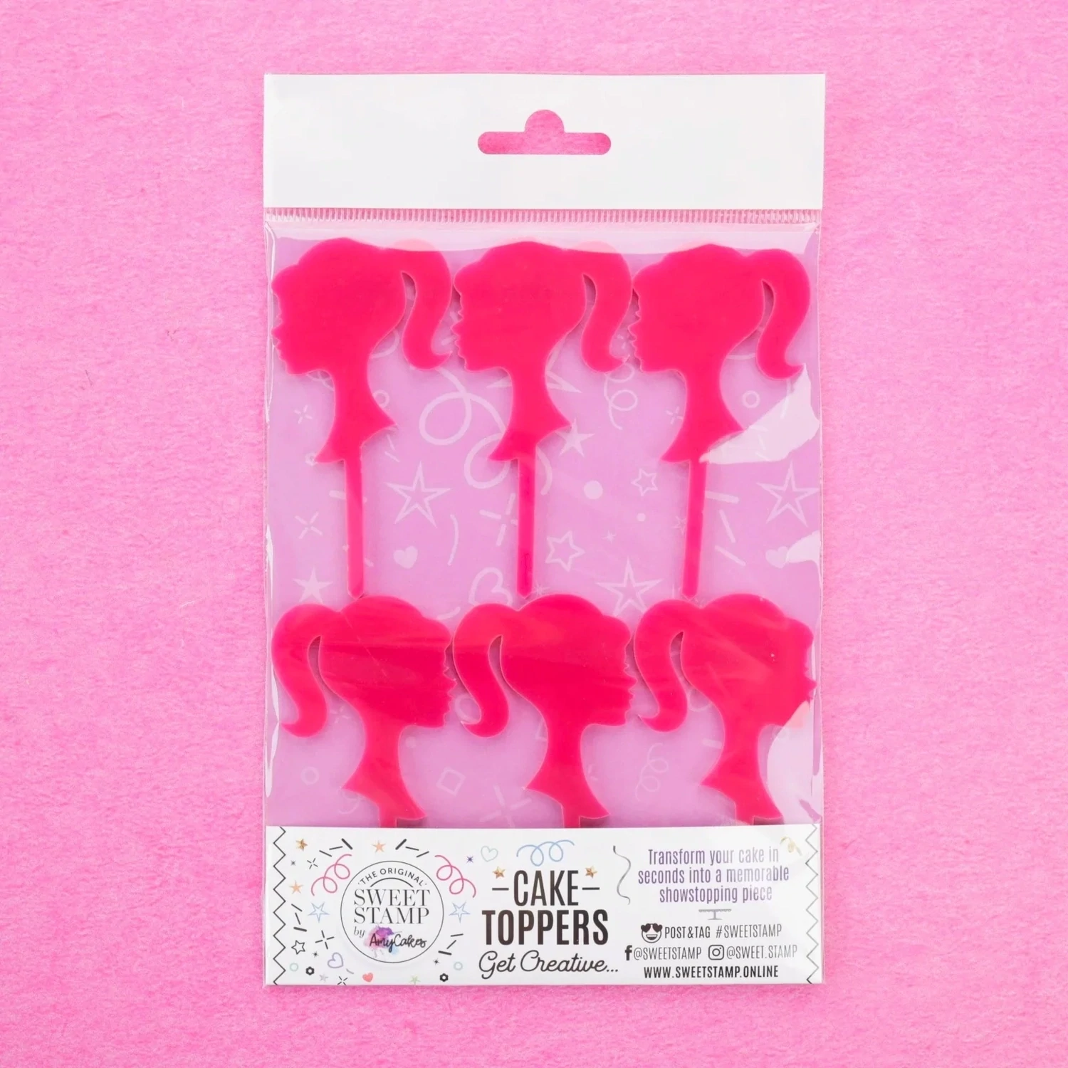 Sweet Stamp Cupcake Toppers  -Barbie Head Silhouette -6 τεμ. Hot Pink - Πλαστικά Τόπερ Μπάρμπι σε φούξια