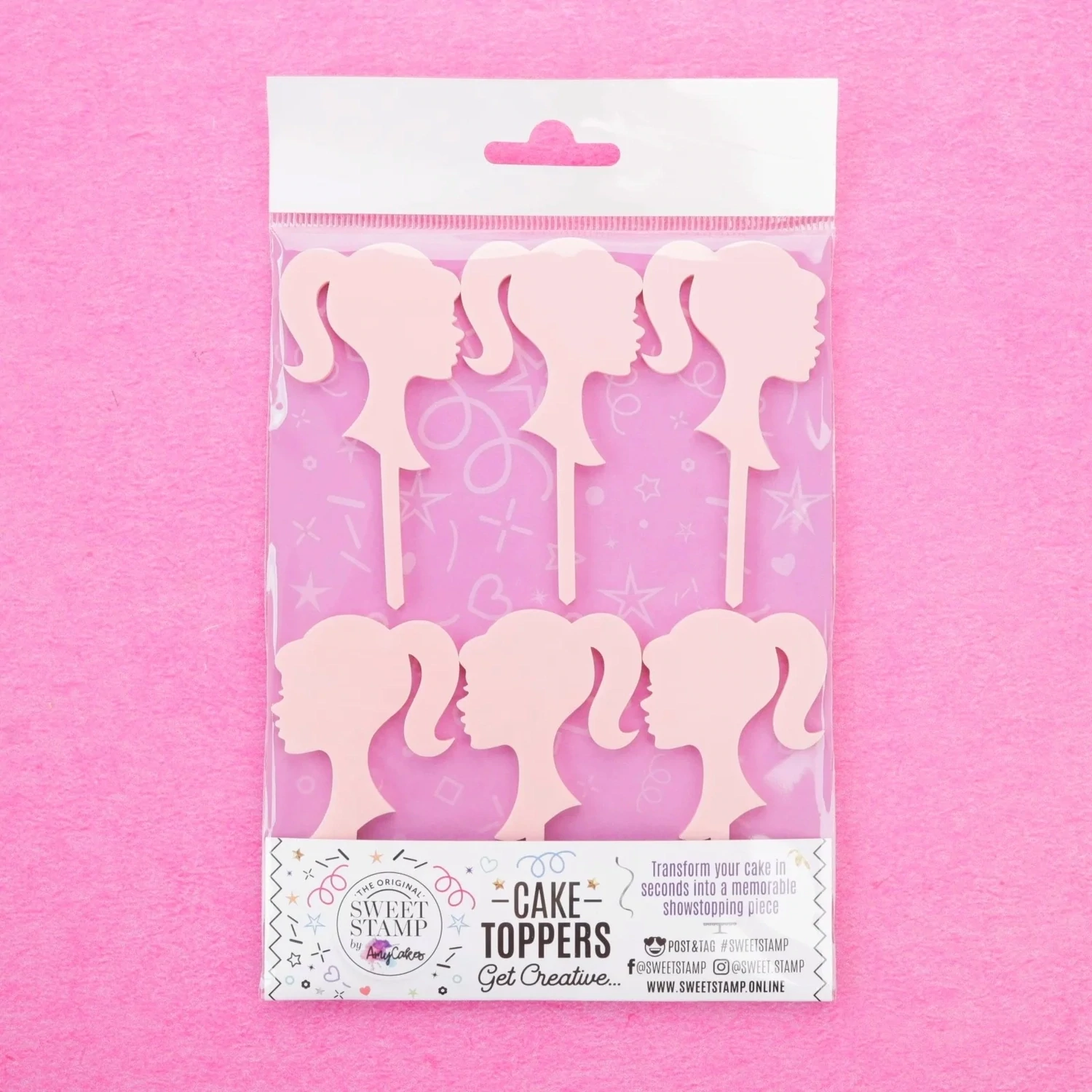 Sweet Stamp Cupcake Toppers  -Barbie Head Silhouette -6 τεμ. Pale Pink - Πλαστικά Τόπερ Μπάρμπι σε απαλό ροζ