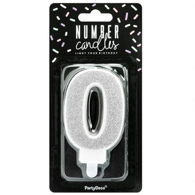 PartyDeco Birthday Candle SILVER Number 0 - Κεράκι ασημί Γκλίτερ αριθμός '0'