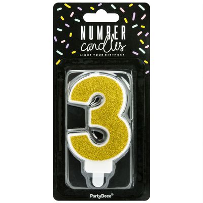 PartyDeco Birthday Candle GOLD Number 3 - Κεράκι χρυσό  Γκλίτερ αριθμός '3'