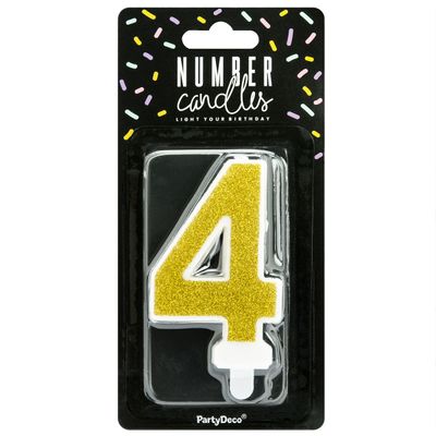 PartyDeco Birthday Candle GOLD Number 4 - Κεράκι χρυσό Γκλίτερ αριθμός '4'
