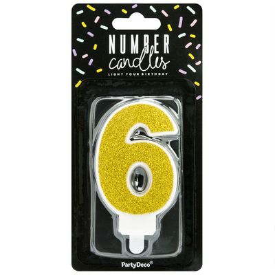 PartyDeco Birthday Candle GOLD Number 6 - Κεράκι χρυσό Γκλίτερ αριθμός '6'