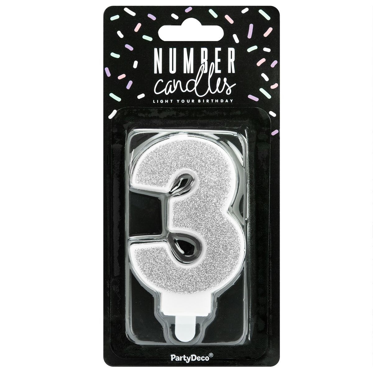 PartyDeco Birthday Candle SILVER Number 3 - Κεράκι ασημί Γκλίτερ αριθμός &#39;3&#39;