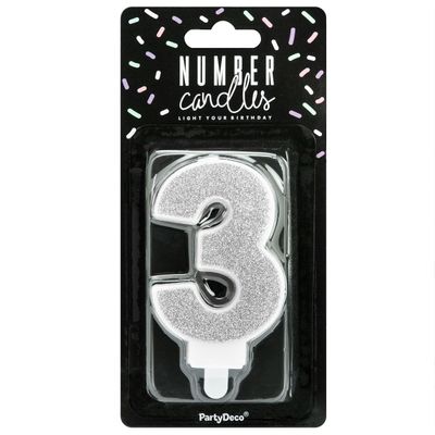 PartyDeco Birthday Candle SILVER Number 3 - Κεράκι ασημί Γκλίτερ αριθμός '3'