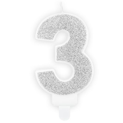 PartyDeco Birthday Candle SILVER Number 3 - Κεράκι ασημί Γκλίτερ αριθμός '3' PartyDeco Birthday Candle SILVER Number 3 - Κεράκι ασημί Γκλίτερ αριθμός '3'
