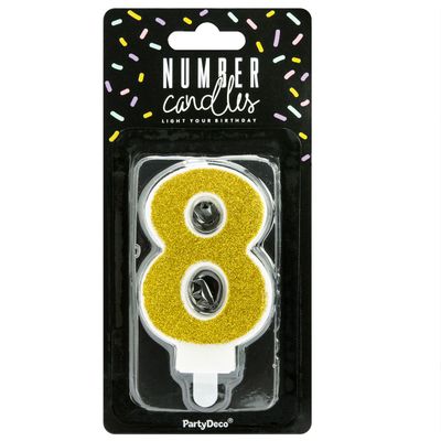 PartyDeco Birthday Candle GOLD Number 8 - Κεράκι χρυσό Γκλίτερ αριθμός '8'