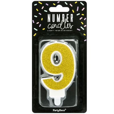 PartyDeco Birthday Candle GOLD Number 9 - Κεράκι χρυσό Γκλίτερ αριθμός '9'