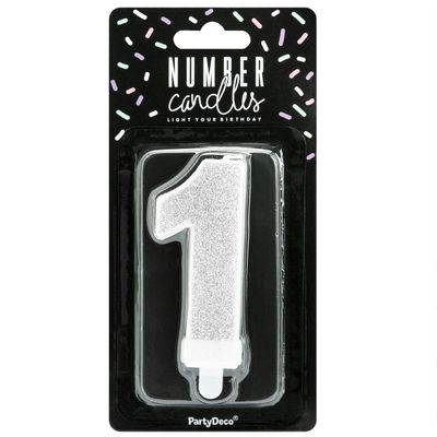 PartyDeco Birthday Candle SILVER Number 1 - Κεράκι ασημί  Γκλίτερ αριθμός '1'