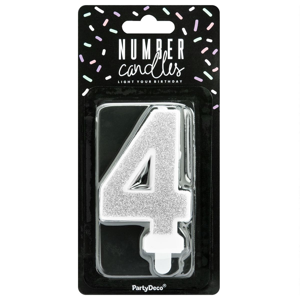 PartyDeco Birthday Candle SILVER Number 4 - Κεράκι ασημί Γκλίτερ αριθμός &#39;4&#39;