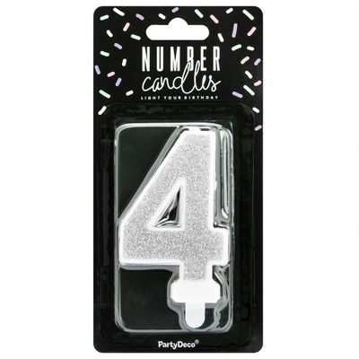 PartyDeco Birthday Candle SILVER Number 4 - Κεράκι ασημί Γκλίτερ αριθμός '4'
