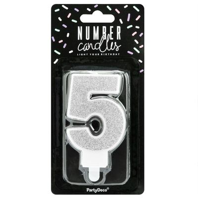 PartyDeco Birthday Candle SILVER Number 5 - Κεράκι ασημί  Γκλίτερ αριθμός '5'