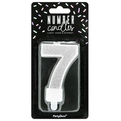 PartyDeco Birthday Candle SILVER Number 7 - Κεράκι ασημί Γκλίτερ αριθμός '7'