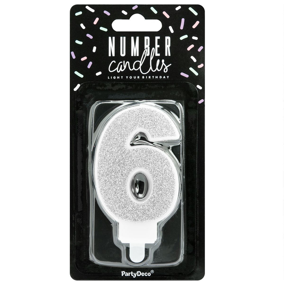 PartyDeco Birthday Candle SILVER Number 6 - Κεράκι ασημί Γκλίτερ αριθμός &#39;6&#39;